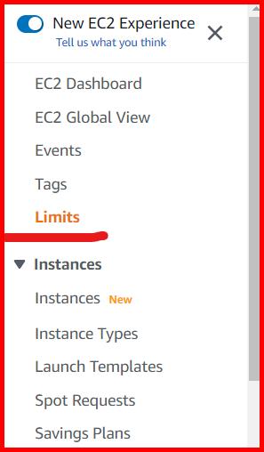 Picture showing the Limits menu in EC2 dashboard